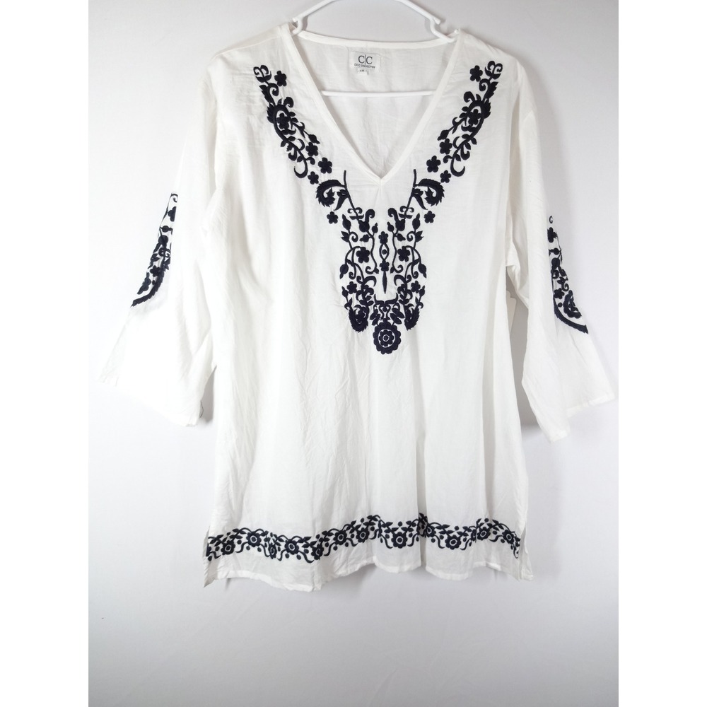 Chic Connection Tunic Top Womens 1X White Black Embroidered Boho Peasant FLowy